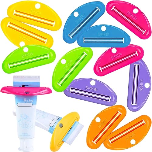 LOVEINUSA Exprimidores de pasta de dientes a granel, 12 piezas de clips de pasta de dientes multicolor, dispensador de tubos de colores surtidos
