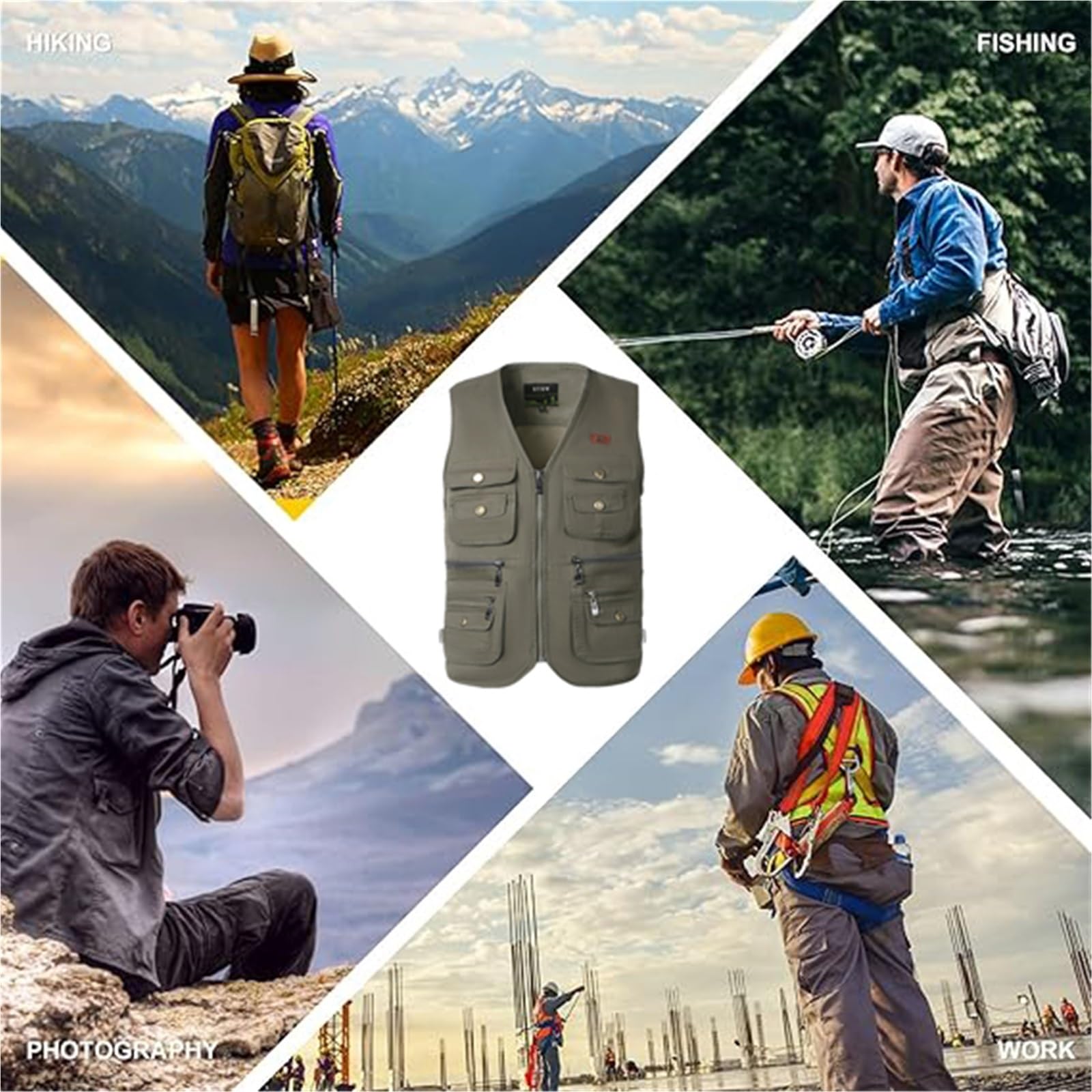 CLSQLXYJZC Gilet Pesca Da Uomo, Gilet Da Lavoro Estivo Con Scollo A V Multitasche Per Safari Viaggi E Fotografia Con Cerniera, Giacca Senza Maniche Antivento Impermeabile