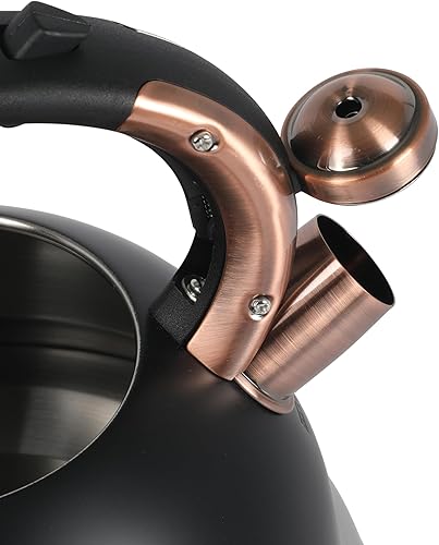 Miniatura 6 de Mr. Coffee Flintshire - Tetera grande de acero inoxidable silbante de 2.2 cuartos de galón, negro mate con acento de cobre, tetera de cocción rápida