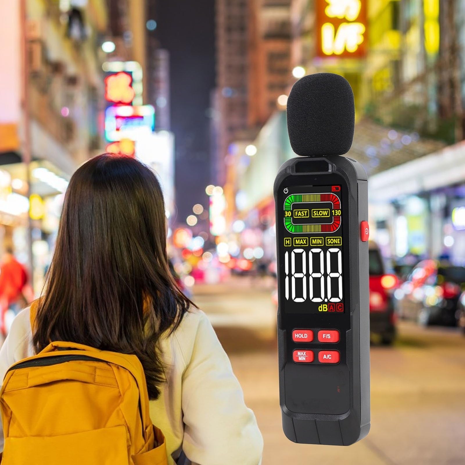 Medidor de decibelios, Medidor de ruido, sonómetro portátil, medición de decibelios, conmutación ponderada de CA, for obras de construcción de viviendas, retroiluminación LCD.