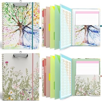 Clipboard Folder with Notepad Refillable Lined for Letter Size, 5 Dividers with Storage 10 Pockets, Cute Spiral Foldable Clipboard with Metal Clip School Office SuppliesTree Seasons+Garden Flowers