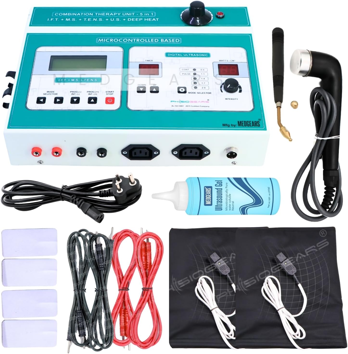 Physiogears 5 In 1 IFT MS Tens Ultrasonic Deep Heat Physiotherapy Machine Electrotherapy Combo Physiotherapy Machine With One Year Warranty For All Pain Relief Device (Self Adhesive Pad), Multicolor