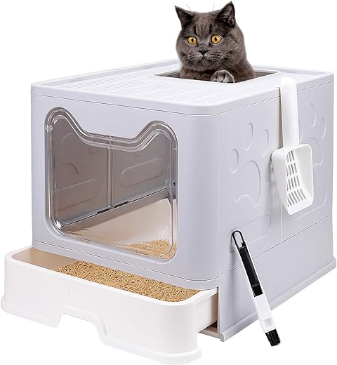 Foldable Cat Litter Box with Lid, Enclosed Cat Potty, Top Entry Anti-Splashing Cat Toilet, Easy to Clean Including Cat Litter Scoop and 2-1 Cleaning Brush (Grey), Large