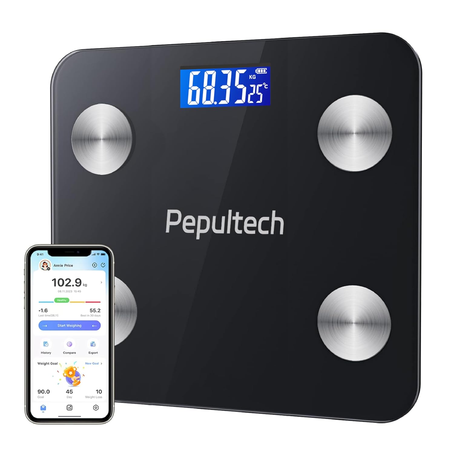 Báscula digital para peso corporal, báscula de baño con aplicación, báscula corporal inteligente con Bluetooth para seguimiento de fitness, pies