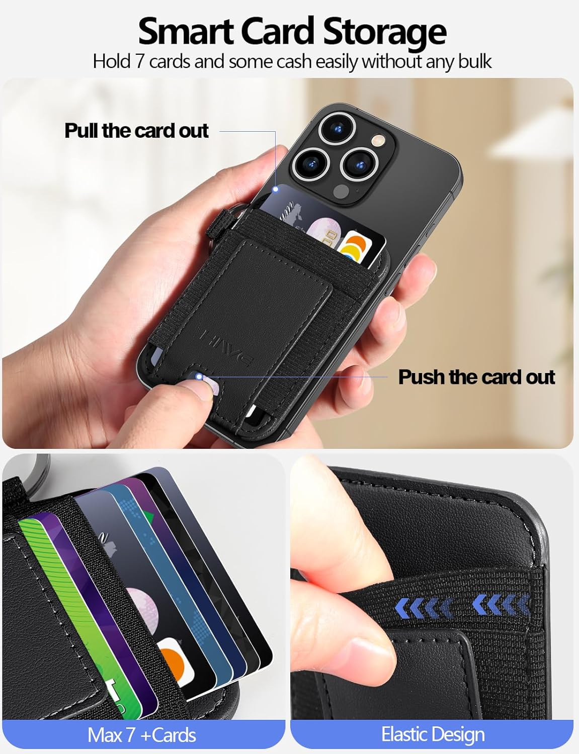 HiWe for MagSafe Wallet, Strongest Magnetic Wallet for iPhone 17/16/15/14/13/12 Series, 7 Cards Holder with Keyring, Leather Minimalist Slim RFID, 2 Slots, Black & Black - Image 4