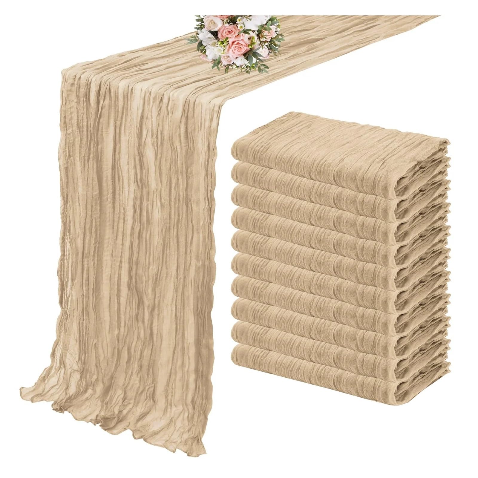 Chiffon Table Runner 10PCS Green Gauze Table Runner Setting Dining Wedding Party Banquets(10Pcs Khaki,50x50cm)