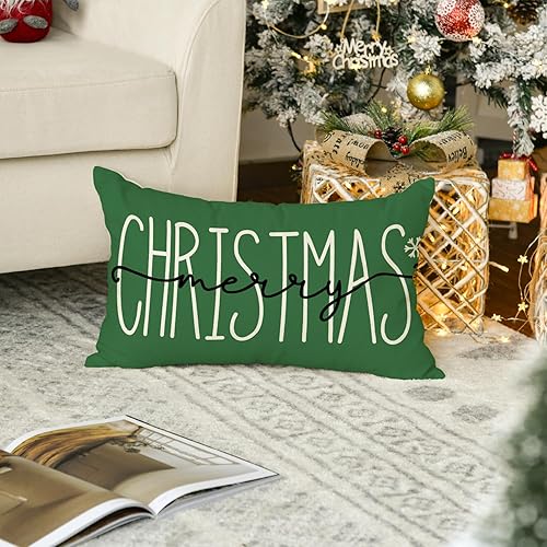 Miniatura 5 de AVOIN colorlife Funda de almohada verde con texto en inglés "Merry Christmas", 12 x 20 pulgadas, decoración para sofá
