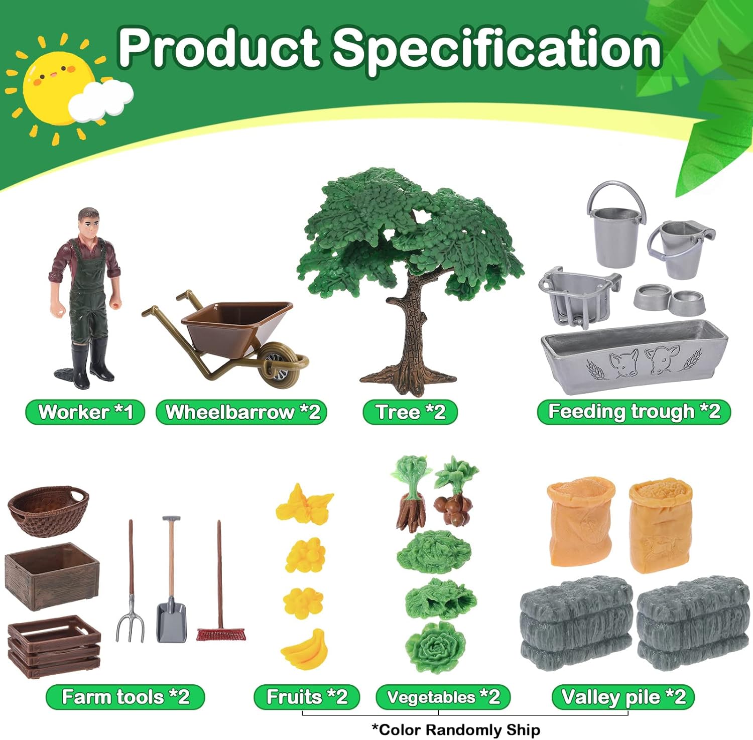 54 Pcs Play Farm Feed Food Accessories Toy Set Mini Educational Playset Feed Set, Includes Plastic Hay Bale Straw Heap Vegetable Planting Scene Tools Educational Gift Cake Toppers for Kids Toddlers