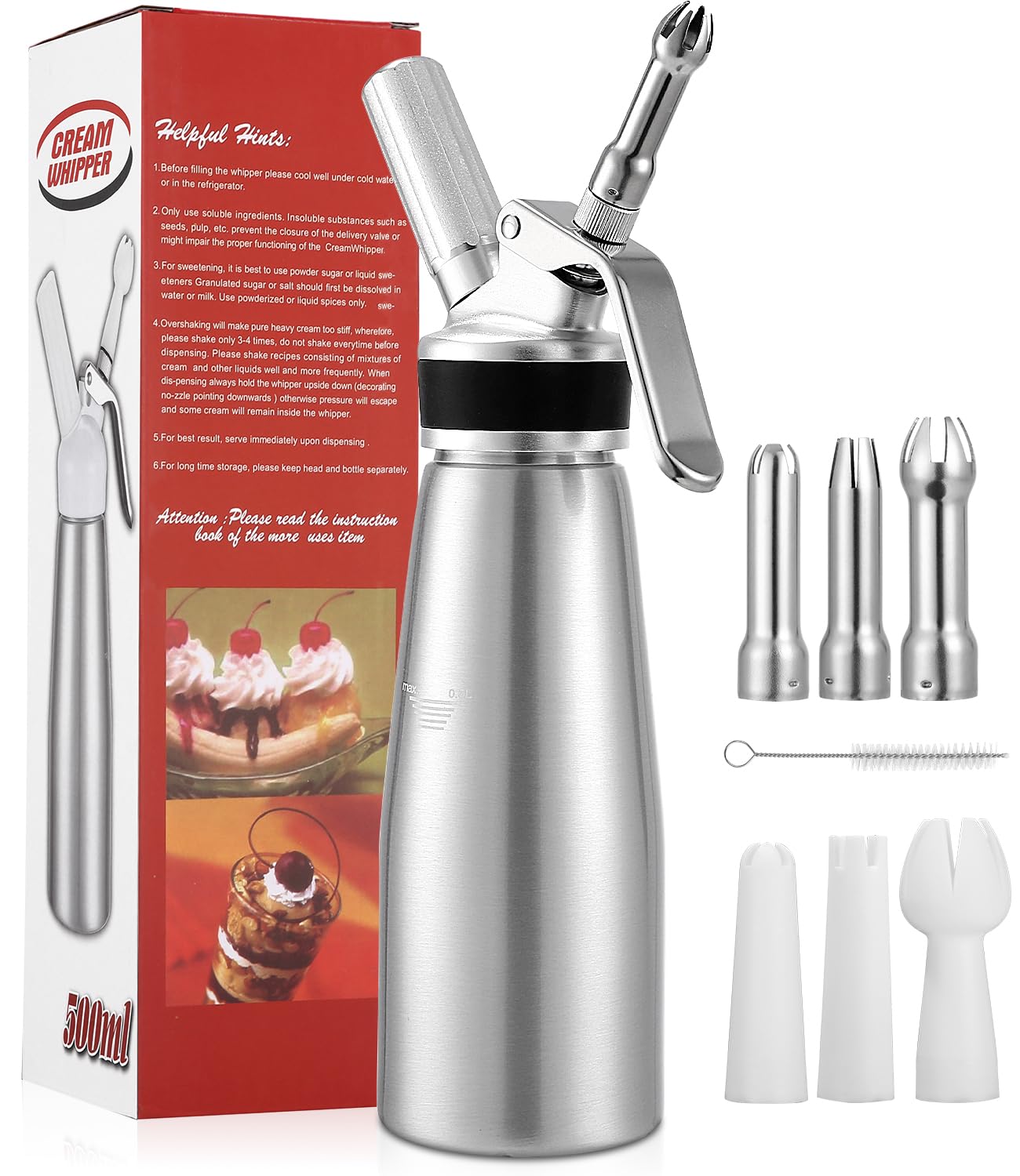 500ml Sahnespender, Sahnespender aus Aluminium, Sahnesyphon mit 3 Edelstahl Deko Düsen, 3 Kunststoffe Deko Düsen, 1 Kapselhalter, 1 Reinigungbürste und 1 Synopsis, für Schlagsahne, Creme, Mousse