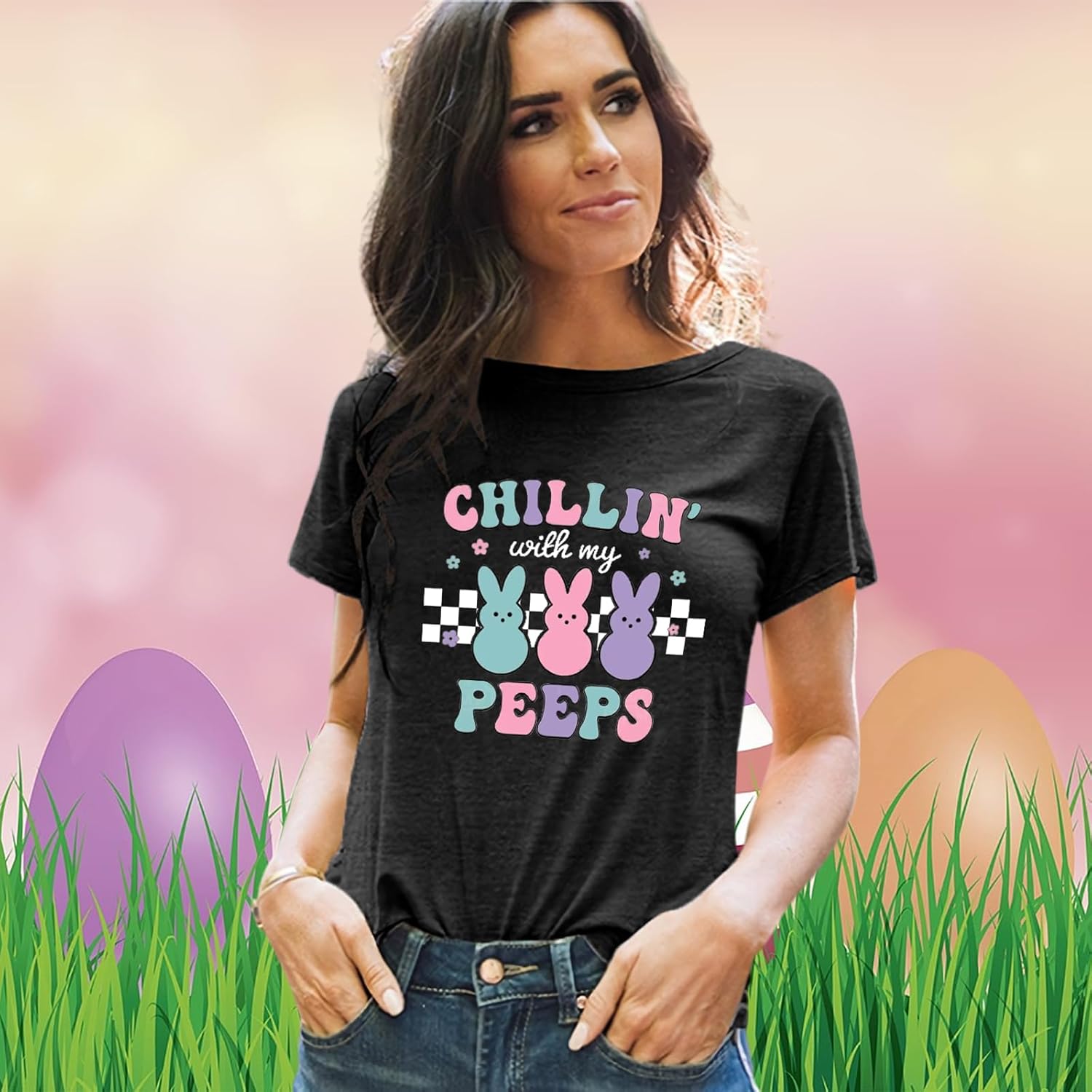 Women Happy Easter Shirts Funny Bunny T-Shirt Rabbit Graphic Tee Tops - Image 5
