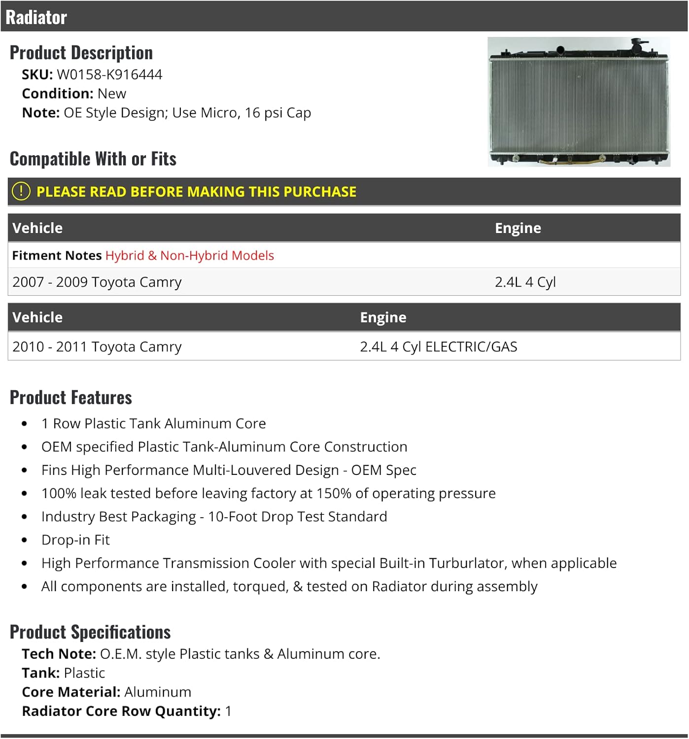 Radiator - Compatible with 2007-2011 Toyota Camry 2.4L 4-Cylinder