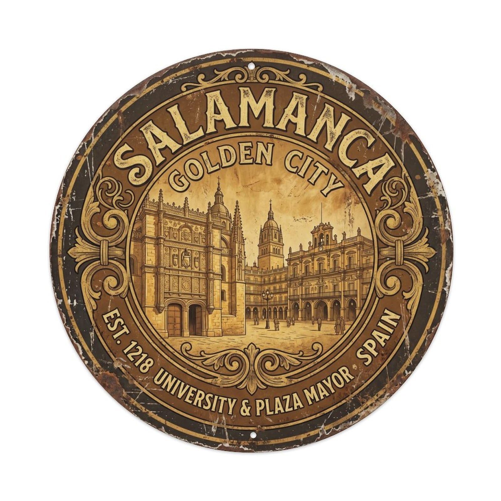 Vintage Travel Salamanca University Plaza Metal Tin Sign Plaque Wall Decor for Cafe, Club Bar, Office, Home Garden Round Metal Poster 8x8Inch