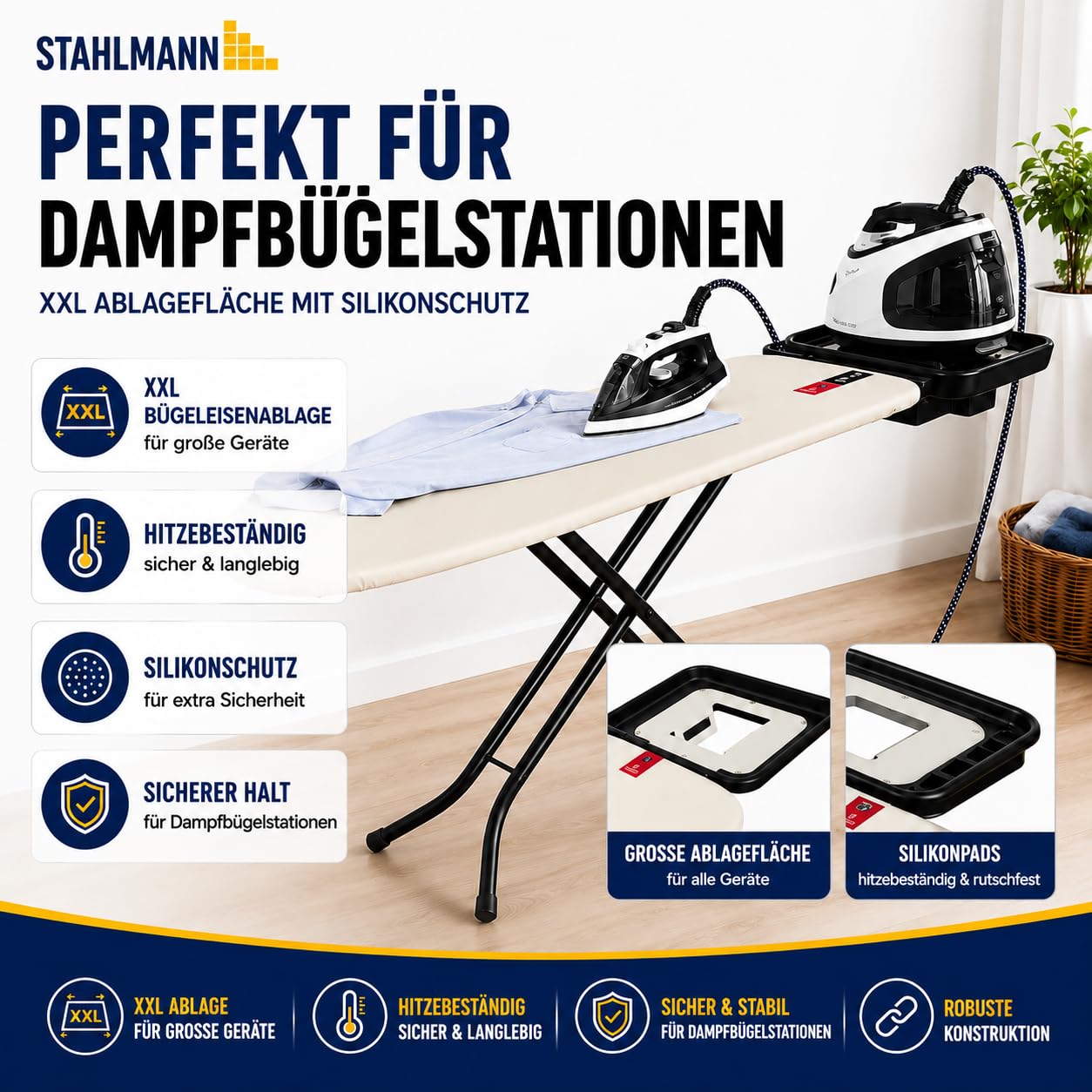 STAHLMANN® Bügelbrett für Dampfbügelstation [120 × 38 cm] Made in Europe | 100 % Baumwolle Turbobezug | höhenverstellbar | Bügeleisenablage | platzsparend klappbar