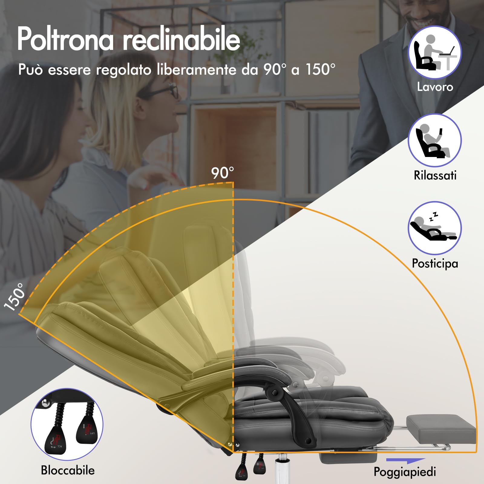ALFORDSON Sedia Ufficio Ergonomica con Massaggio, Sedia Scrivania con Supporto Lombare e Poggiapiedi, Poltrona Girevole con Rotelle per Ufficio e Studio Sala Riunioni, Similpelle(Grigia)