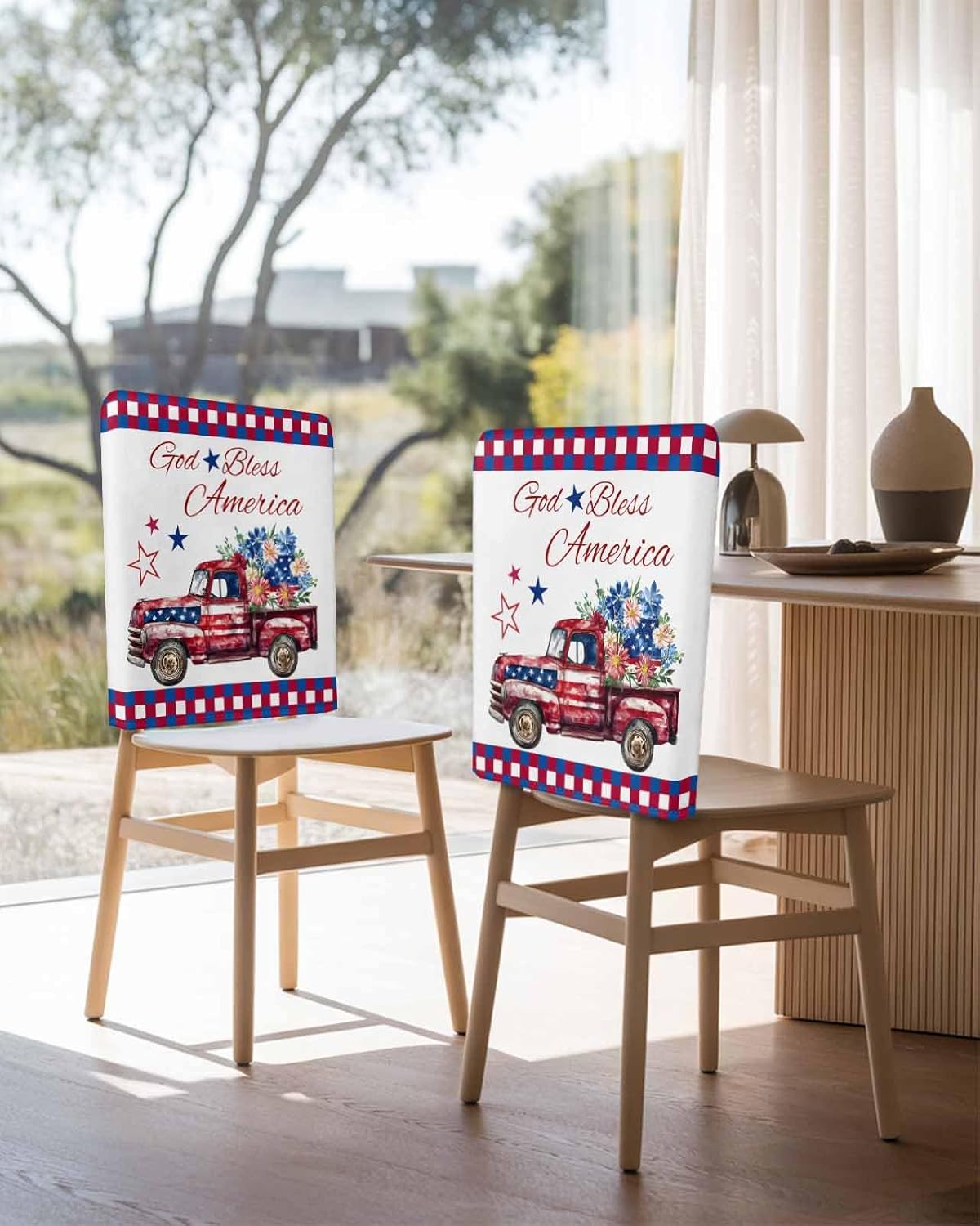 Savannan Dining Chair Back Covers Set of 4 Independence Day Red Truck Burlap Linen Chair Protective Slipcovers for Holiday Party Festival Decoration, Memorial Day Flower