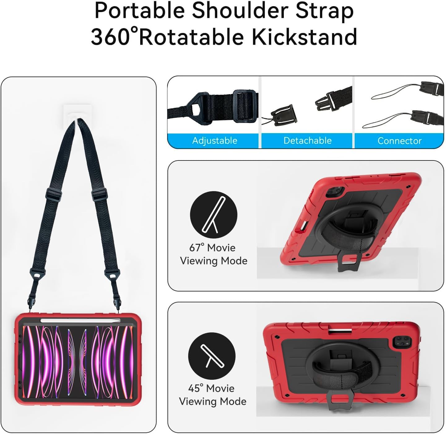 iPad Pro 11 inch Case 4th/3rd/2nd/1st Gen 2022/2021/2020/2018, Heavy-Duty Rotating Stand Protective Cover + Pencil Holder, with Hand Strap/Shoulder Straps Case for iPad Pro 11-inch, Red+Black