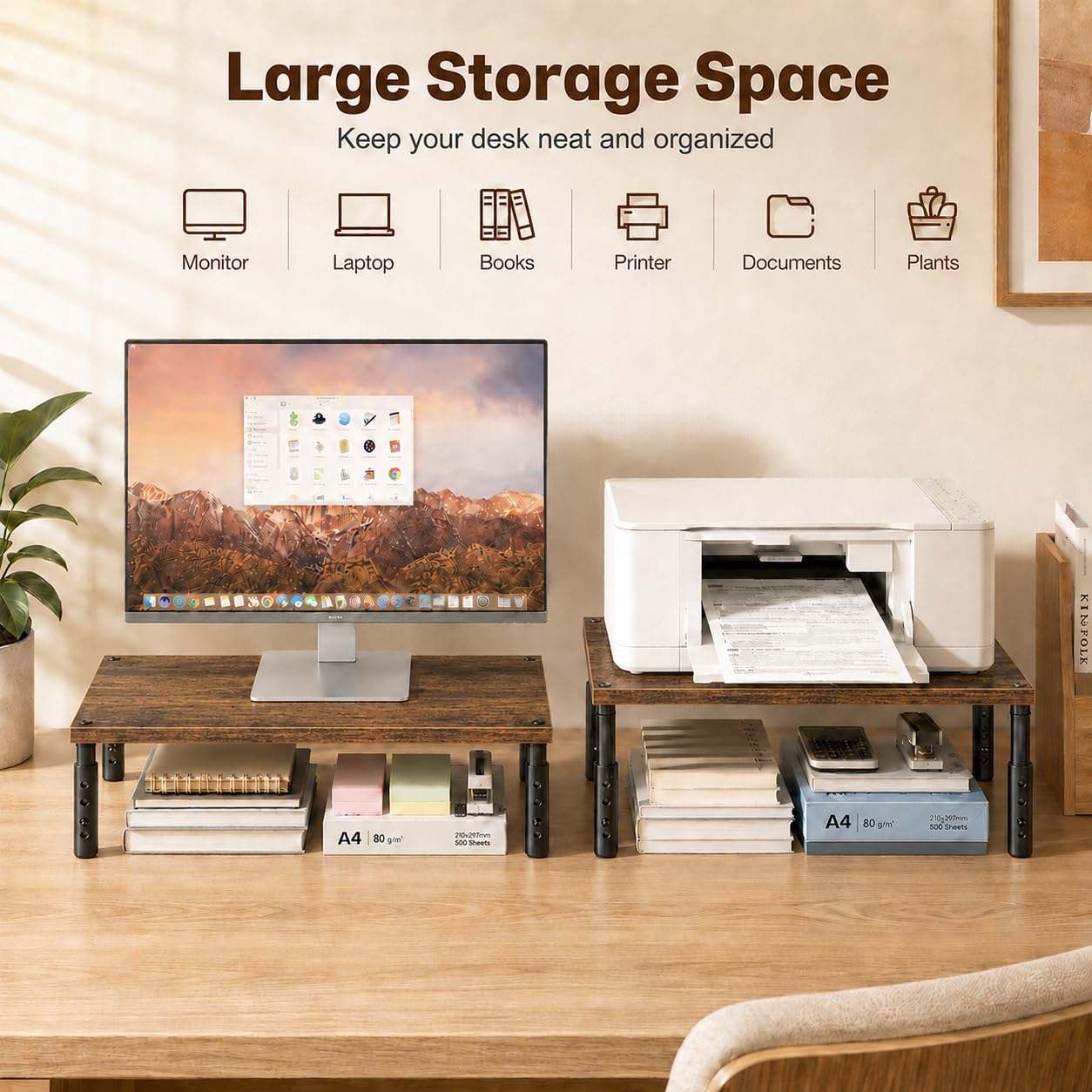OPNICE Verstellbarer Monitorständer für Schreibtisch, Computer- und Laptop-Ständer, Schreibtisch-Organizer und Zubehör, Büro-Schreibtischzubehör und Arbeitsplatz-Organizer für Heimbüro, braunes Holz