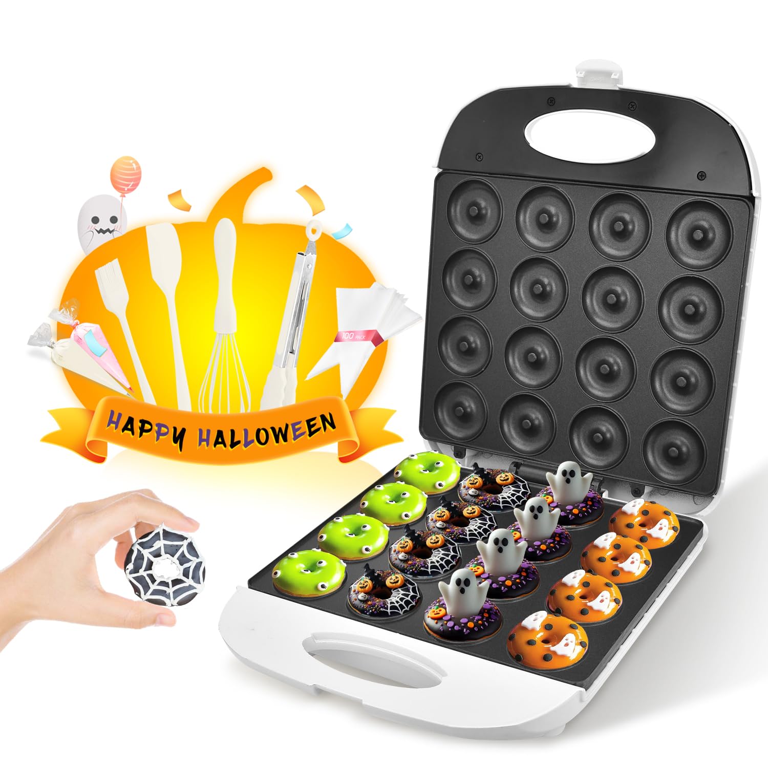 DSP All in One Mini Donut Maker - Non-Stick, Cool Touch Electric Doughnut Machine for 16 Mini Donuts - 1400W Perfect for Breakfast, Snacks & Desserts