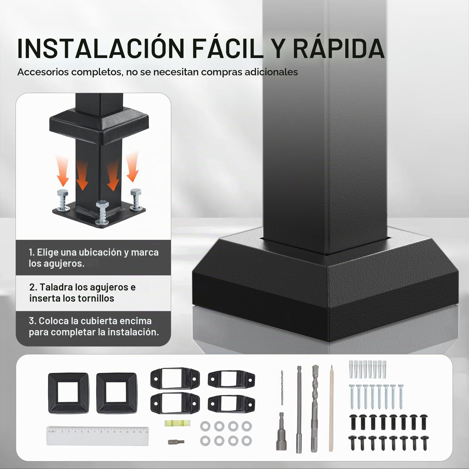 VEVOR Barandilla de Escalera para Pasamanos de Escalera de 1-2 Escalones con Kit de Instalación Tubo Cuadrado de Acero al Carbono para Personas Mayores, Escalones de Concreto, Porche, Patio, Negro