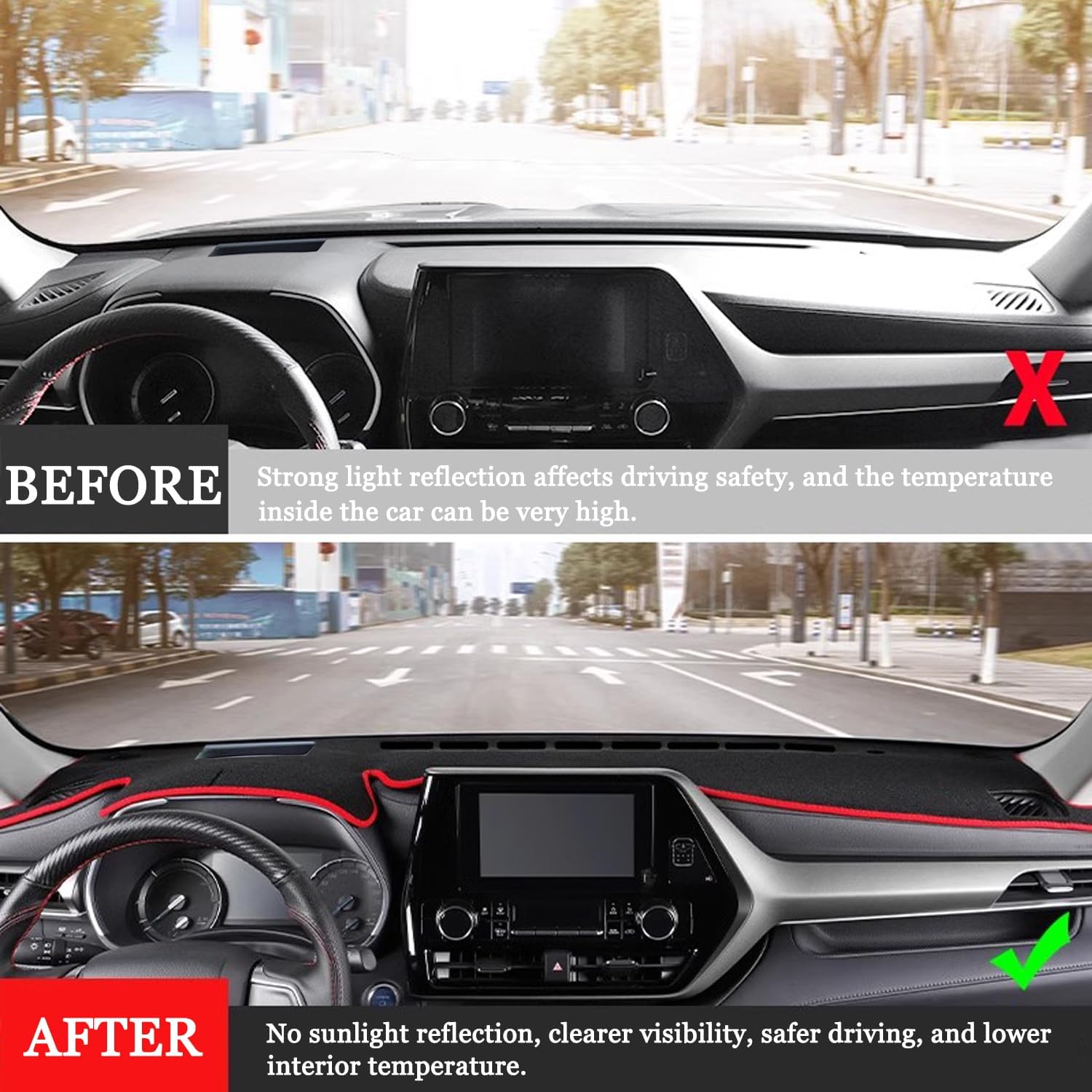 Blazeray Car Dash Cover Mat for Toyota Highlander 2020 2021 2022 2023 2024 2025(with HUD) Anti-Skid Center Console Protector Interior Dash Mat Dashboard Cover Pad Accessories(Red Edge)