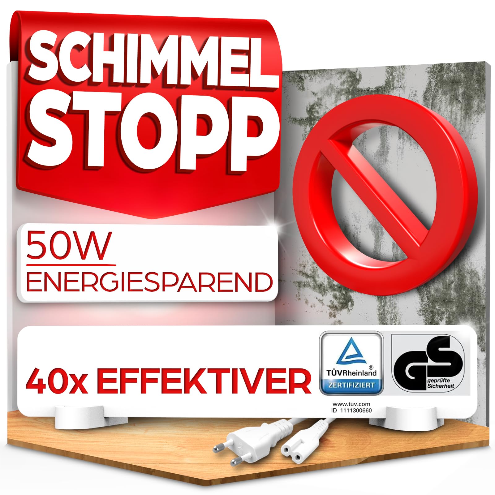 HEIMWERT Anti Schimmel Heizung mit Spezial Infrarot Schutzmembran - Tötet Schimmel besonders energiesparend und chemiefrei in Wand, Tapete, Bad, Keller ab - Anti Mold Dry 50w (Weiß)