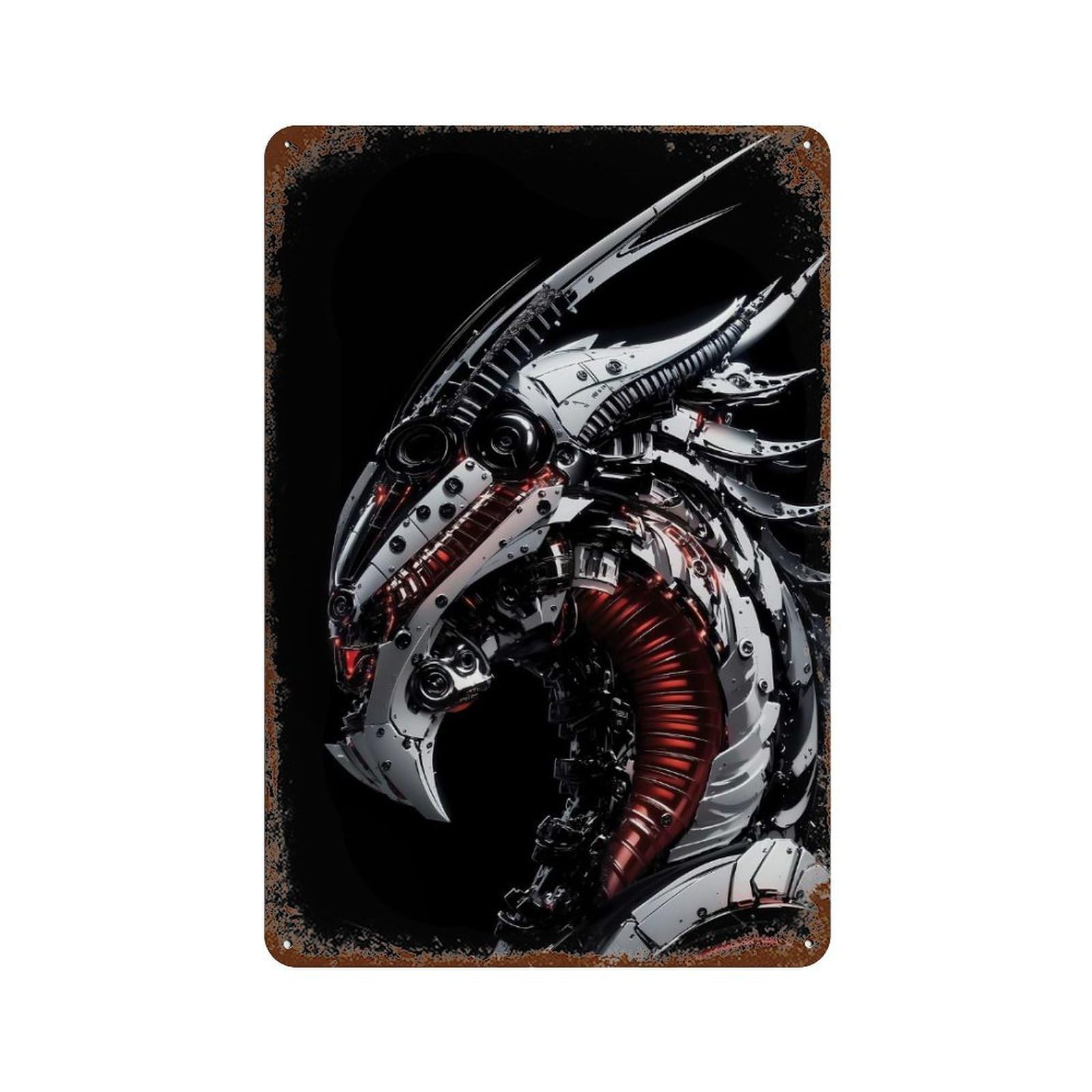 Cybernetic Dragon Head Rustic Tin Plaque 11.8"x7.9", Industrial Home Decor for Pub, Kitchen And Man Cave Decor