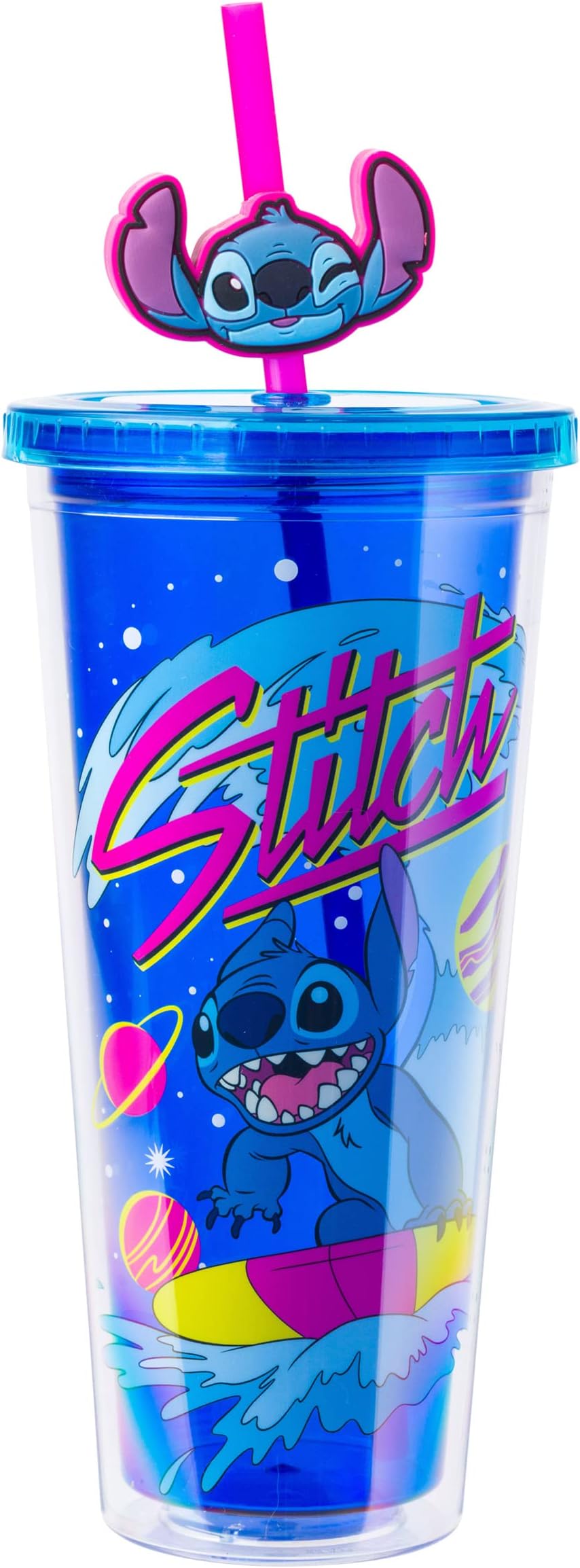 Silver Buffalo Lilo and Stitch Cosmic Surfer Name Plastic Cold Cup with Lid and Topper Straw 24 Ounces