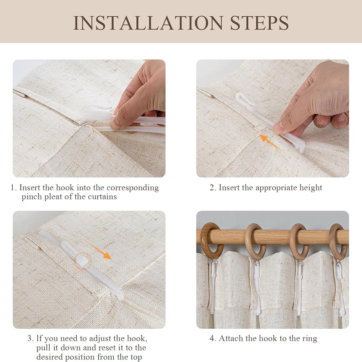 Linen Natural Pinch Pleat Half Tulle Curtains for Bedroom, Living Room, Back Pleated Curtains with Hooks Bohemian Farmhouse, can be Easily Hung by Hooks W40xL84 (2 pcs), Natural