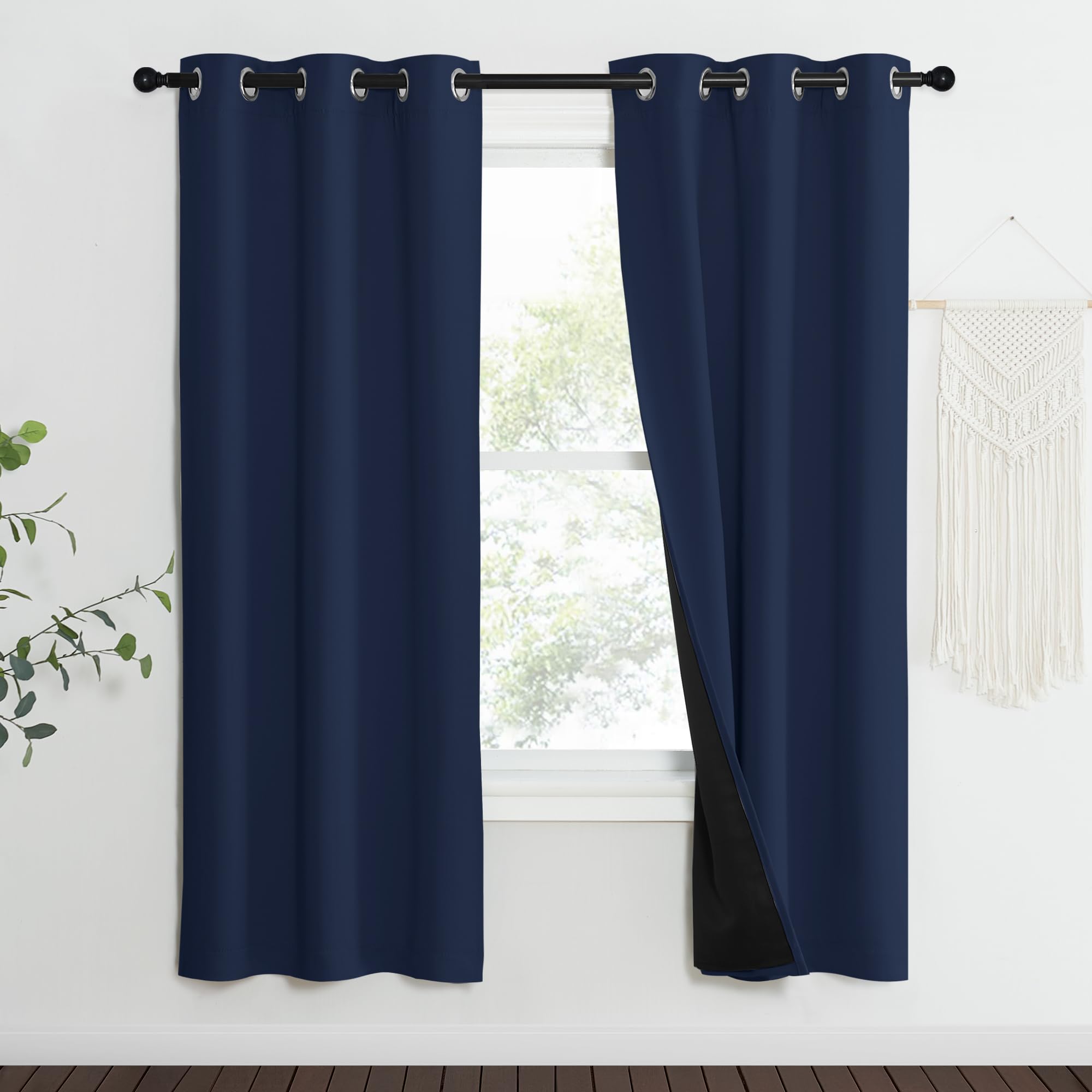 NICETOWN 100% Blackout Curtain Set, Thermal Insulated &amp; Energy Efficiency Window Draperies for Guest Room, Full Shading Panels for Shift Worker and Light Sleepers, Navy Blue, 37W x 70L, 2 PCs