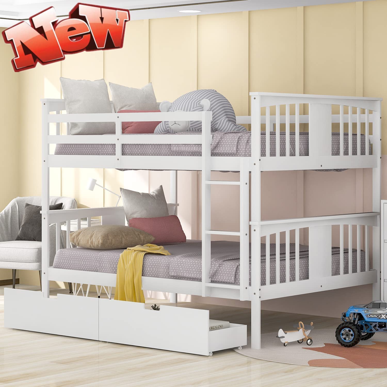 Buy LEEXCCOS Higher Quality Full Over Full Bunk Bed with Drawers, Solid