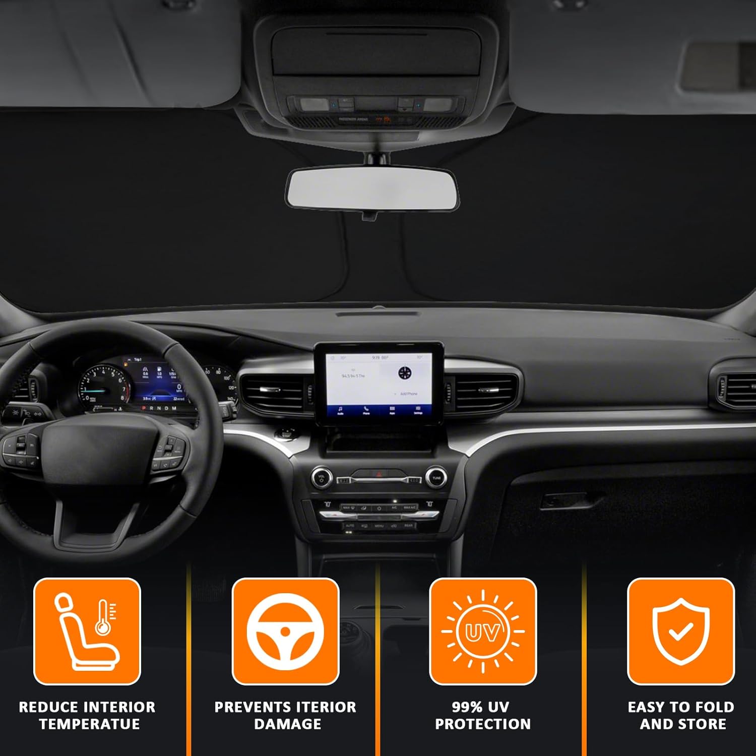 D-Lumina Winshield Sun Shade for Fo-rd Explorer 2020 2021 2022 2023 2024 2025, Foldable Front Sun Shield Protector Blocks UV Rays, Window Sunshade Sun Visor Interior Accessory