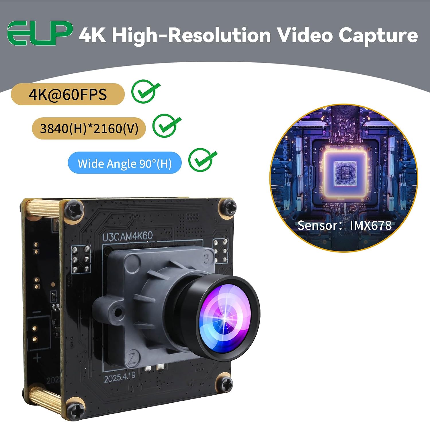 ELP High Speed 4K 60FPS USB Camera Module for Computer, Mini UVC 2160P USB3.0/2.0 Lightburn Cameras for Windows, Linux, Mac, Pi, Wide Angle 90°(H) IMX678 Webcam Board for PC Laptop Jetson Nano