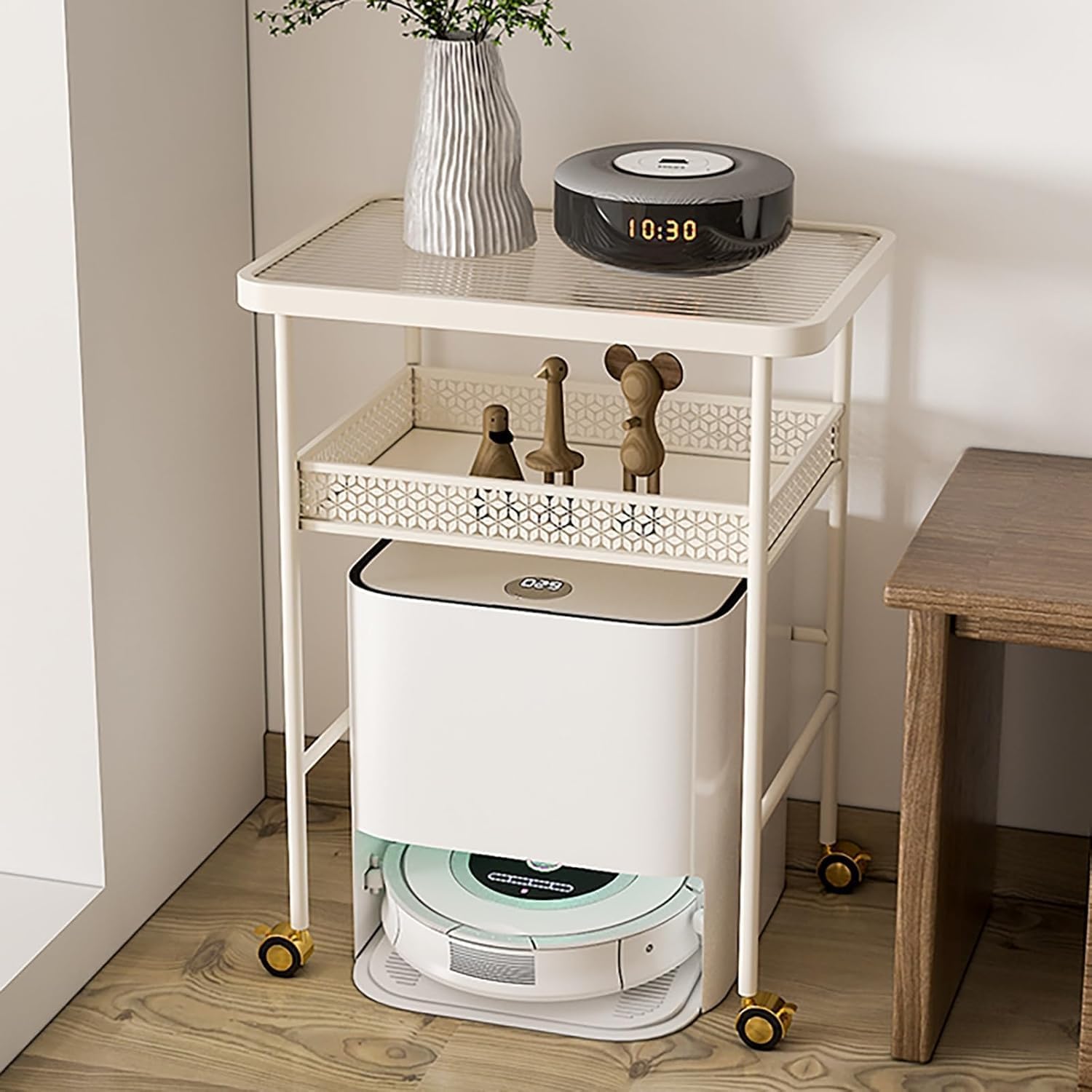Robot Vacuum Stand Cabinet with Wheels - Mobile Metal Mobile Storage Rack Nightstand, End Side Table for Living Room Home Office(White,33.4in)