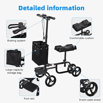 Knee Scooter, All Terrain Foldable Knee Walker, Knee Scooter for Adults with Dual Braking System, Compact Crutch Alternative for Foot Surgery