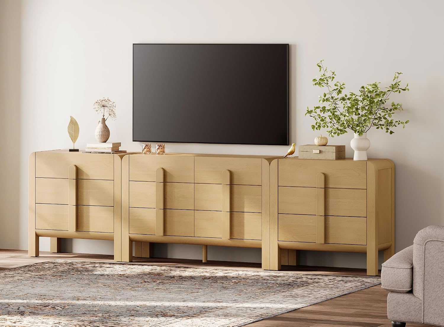 WAMPAT 3-in-1 Modern Dresser TV Stand for TVs Up to 100 Inch, 110.2" W Wood Entertainment Center with 12 Drawers, Media Console Table TV Cabinet for Living Room, Oak