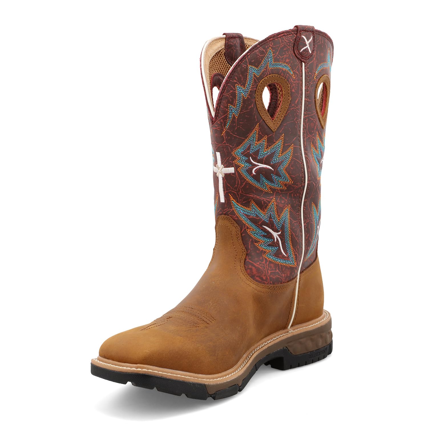 Twisted X Men's 12" Western Work Boot, Square Toe with CellStretch, Tan & Burgundy, 10.5 D