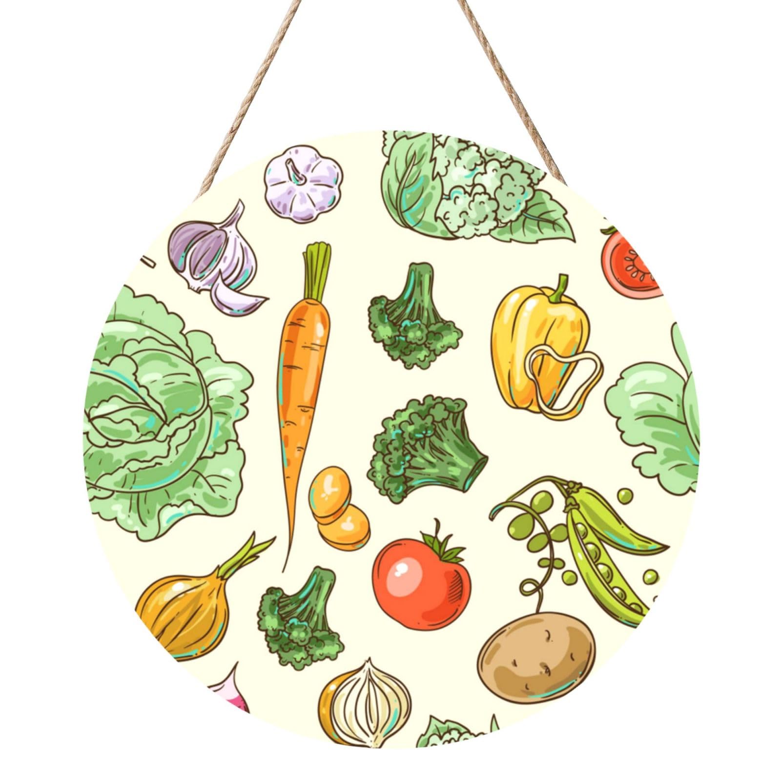 InOmak Beautiful Hand Drawn Vegetables, Round Wood Panel Painting 12 in, Wall Hanging Painting For Home