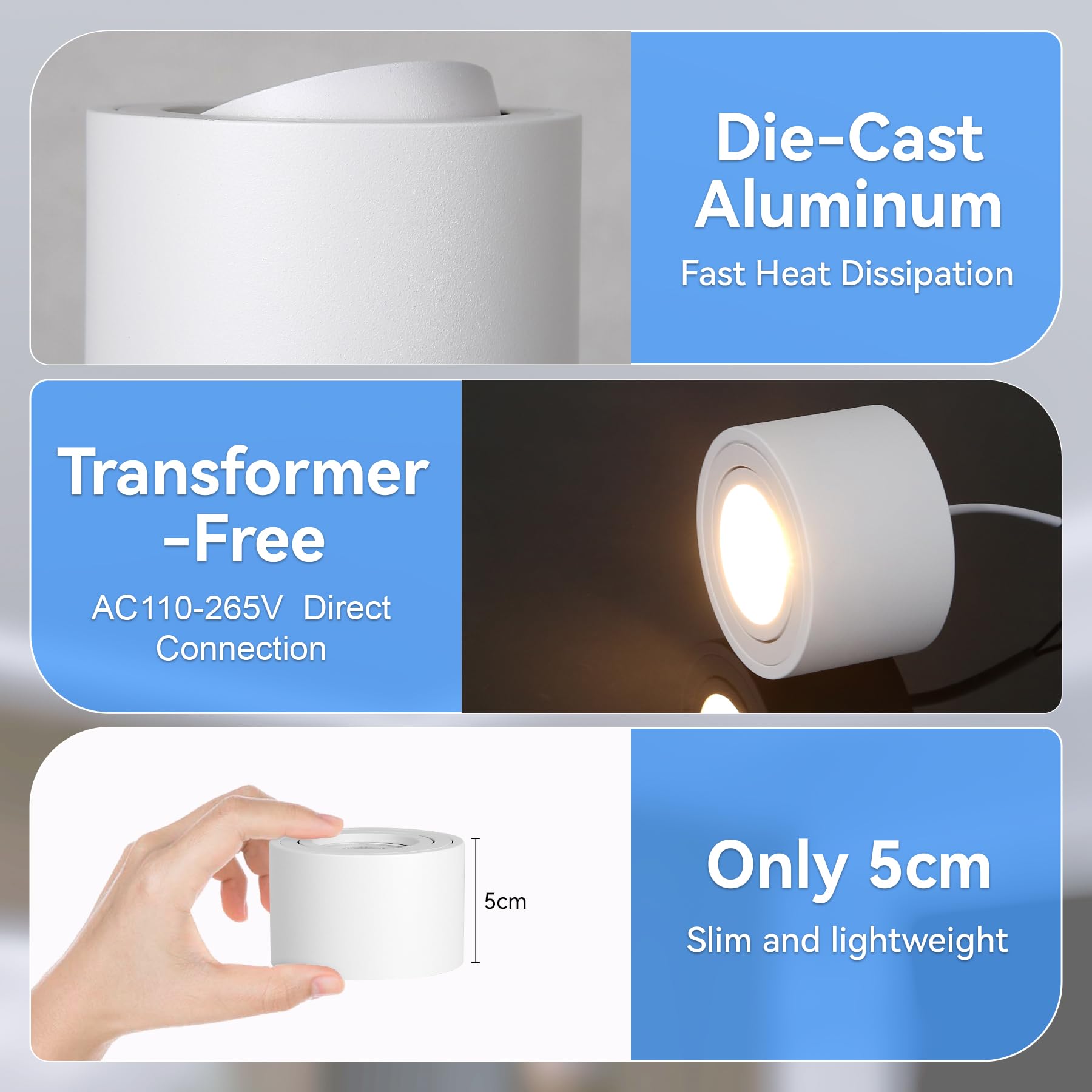 CANMEIJIA Foco LED de Techo Superficie 7W Plafón Orientable 3 Tonos 4 Pack | Foco LED de techo con diseño orientable de 30 grados para iluminar rincones específicos y sustituir downlights empotrados