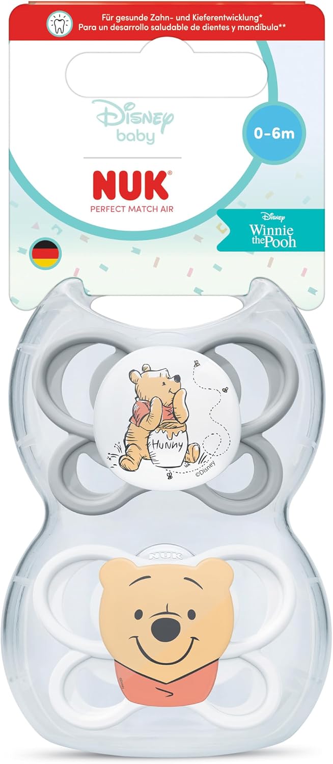 NUK Perfect Match Air Chupete | 0-6 meses | Chupetes ortodónticos que facilitan la ventilación y evitan la irritación | 95% de aceptación por parte de los bebés** | Disney Winnie the Pooh | 2 unidades