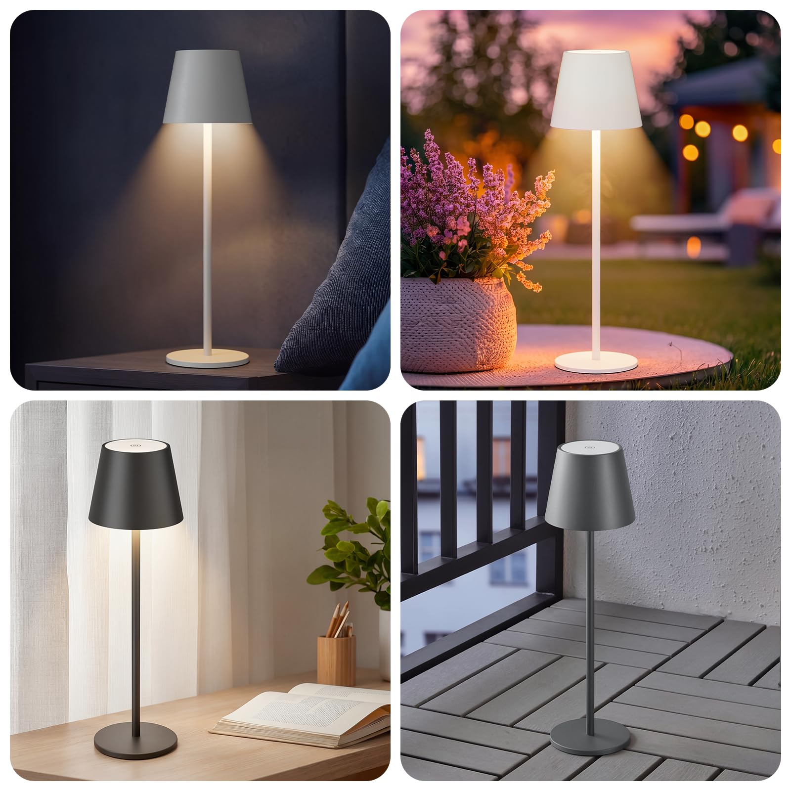 Klighten 2 Piezas LED Recargable Lámpara de mesa con batería, Regulable Lámpara de escritorio Aluminio con USB-C Carga, 3000K de Luz Cálida, Imperméable IP54, para Interiores y Exteriore, Negro