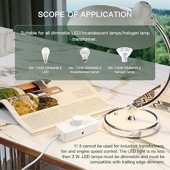 VIPMOON Inline LED Dimmer Switch - 1 Gang for Table Lamps, 220V-240V Trailing Edge Dimmer with Rotary ON/OFF and Knob Control 3-100W Dimmable LED/Incandescent/Halogen Bulbs
