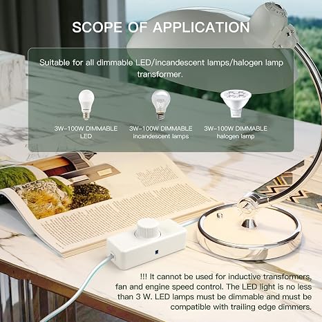 VIPMOON Inline LED Dimmer Switch - 1 Gang for Table Lamps, 220V-240V Trailing Edge Dimmer with Rotary ON/OFF and Knob Control 3-100W Dimmable LED/Incandescent/Halogen Bulbs