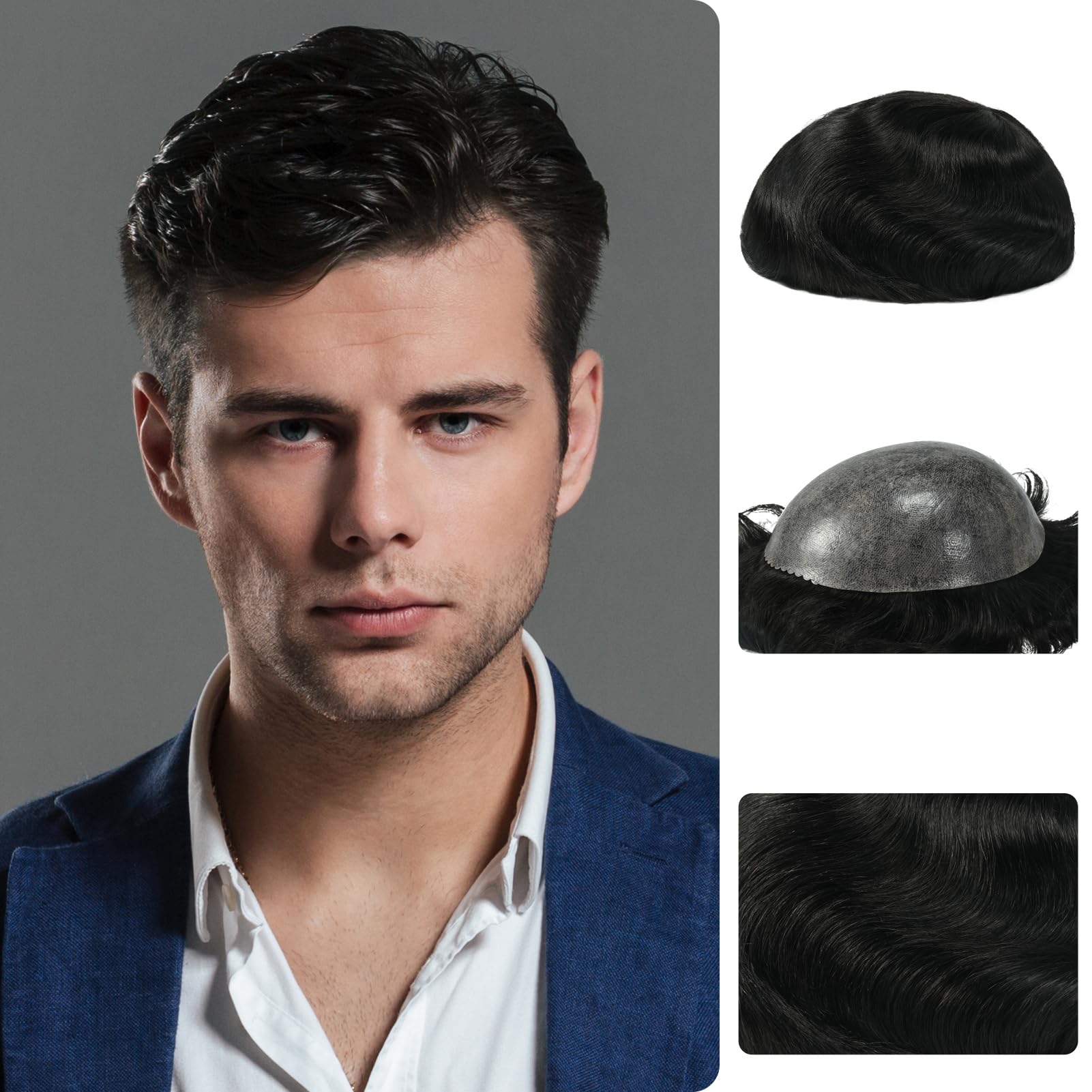 Zakya Hair System for Men Thin Skin Men's Toupee 100% Human Hair Men's Hairpieces 8x10 Inches Base Size Hair Replacement System for Men (Natural Black 1A#)