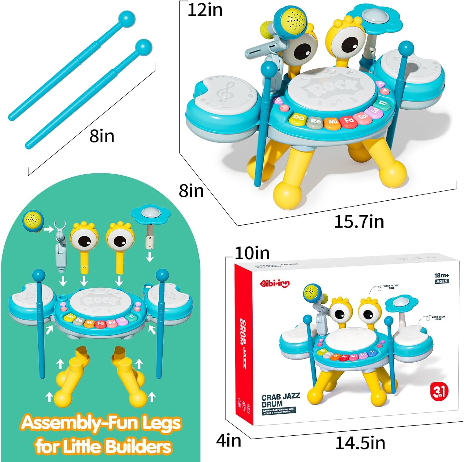 Toddler Drum Set for Kids 1-3, Baby Drum Set 1 Year Old with Light-Up Microphone, Musical Instruments Montessori Learning Toys for 6 9 12 18 Months, Birthday Gift for Boys Girls (BLUE)