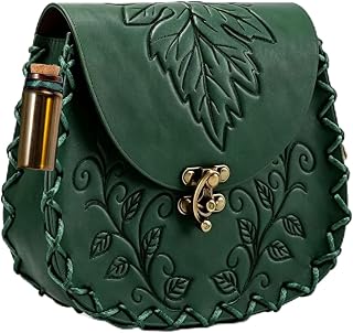 Medieval Renaissance Leaf Embossed Leather Belt Pouch with Potion Bottle, LARP Elf Cosplay Waist Bag for Ren Faire (Green)
