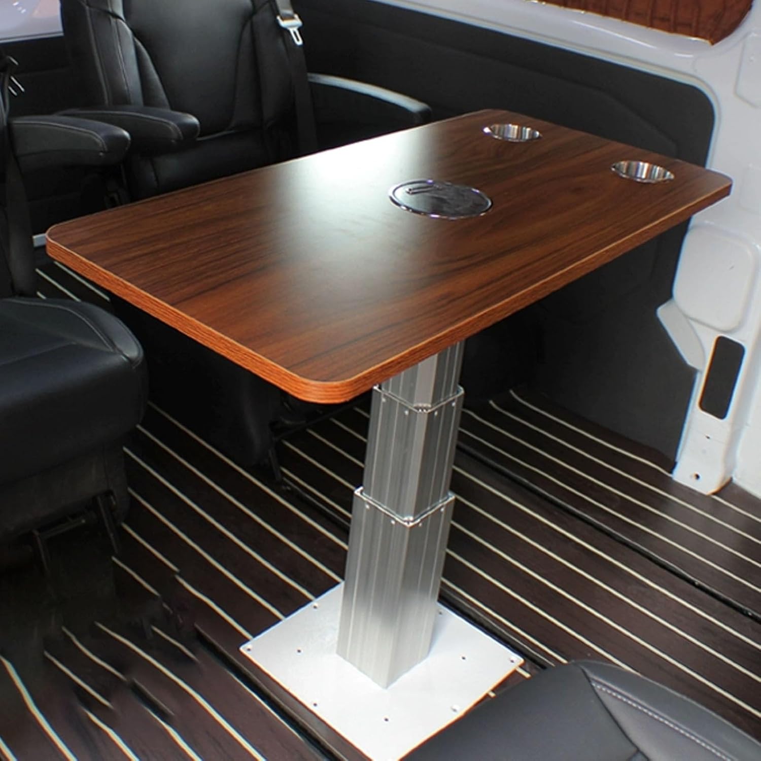 RV Table, Multi-Functional Foldable Car Desk, Height Adjustable RV FoldingTable, RV Dinette Desk Rectangular Wood Top, 2 Stainless Steel Drop-in Cup Holder(Brown)