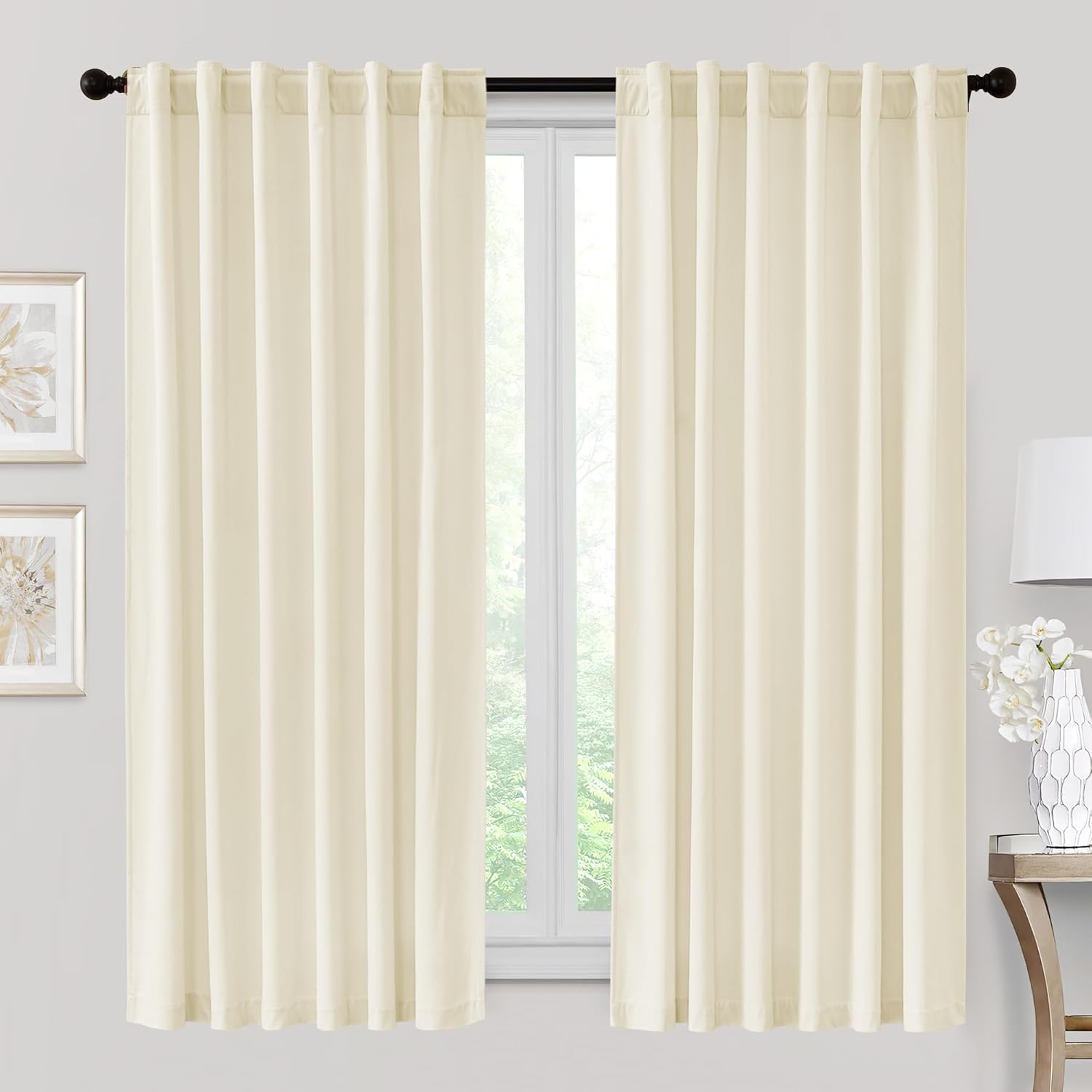 RYB HOME Velvet Curtains 63 inches Length, Back Tab & Rod Pocket Soft Fabric Curtains & Drapes for Bedroom Kitchen Cafe, Cream White, W 42 x L 63, 2 Panels Set W42 x L63 Cream White