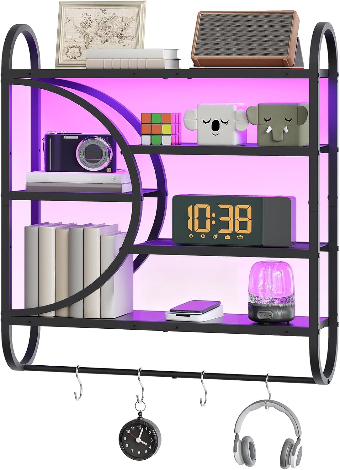 HOOBRO Gaming Floating Shelves with LED Lights, 28.9" LED Wall Mounted Shelf, 5-Tier Display Rack for Wall Storage, Floating Rack with Hanging Rod and 4 S-Hooks, for Game Room, Black BB50DBJ01