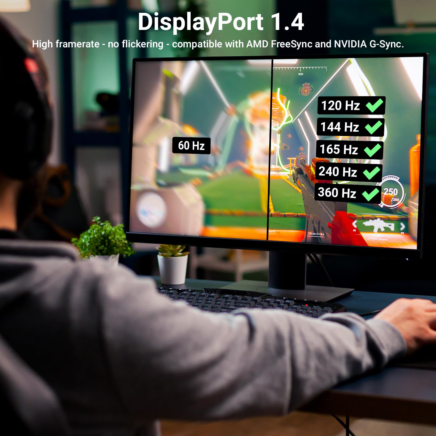 deleyCON 1,5m Câble DisplayPort 1.4 (8K@60Hz 4K@165Hz 2K@360Hz/240Hz/165Hz/144Hz) UHD WQHD HDR AMD FreeSync + NVIDIA G-Sync - pour Moniteur de Jeu Carte Graphique PC