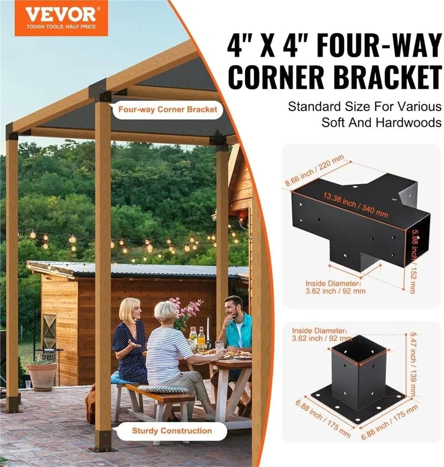 4PCS Pergola Bracket Kit 4x4 Heavy Duty Corner Brackets for DIY Wood Projects, Easy Install Post Base for gazebos & Patios